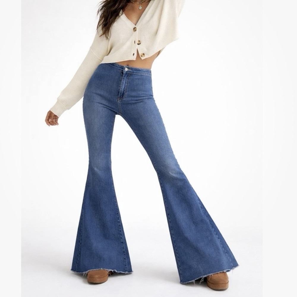 Free People We The Free Just Float On Flare Jeans Blue High Rise Bell Bottom 27